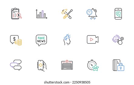 Vip timer, Message and Parking garage line icons for website, printing. Collection of Video camera, Blocked card, Coins icons. Time management, Accounting report, Health app web elements. Vector