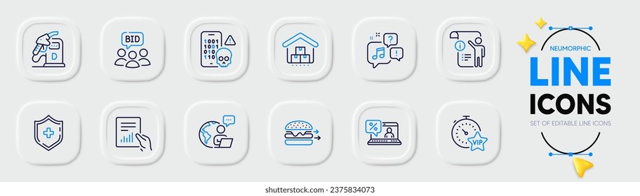 Vip timer, Online loan and Document line icons for web app. Pack of Outsource work, Manual doc, Cyber attack pictogram icons. Voicemail, Diesel station, Auction signs. Storage. Vector