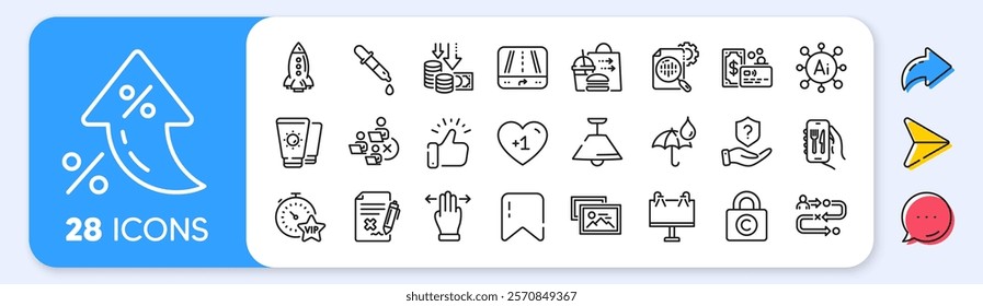 Vip timer, Seo stats and Ceiling lamp line icons. Interest rate, AI generate, Inflation icons. Pack of Rocket, Gps, Food delivery icon. Card, Chemistry pipette, Restaurant app pictogram. Vector