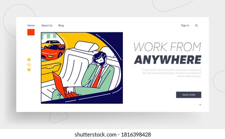 Vip Transport, Business Trip, Work Transportation Landing Page Template. Businessman Character with Smartphone Sitting in Luxury Car Work on Laptop Driving to Working Deal. Linear Vector Illustration