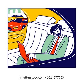 Vip Transport, Business Trip, Working Transportation Concept. Businessman Character with Smartphone Sitting in Luxury Comfortable Car Work on Laptop Driving to Working Deal. Linear Vector Illustration