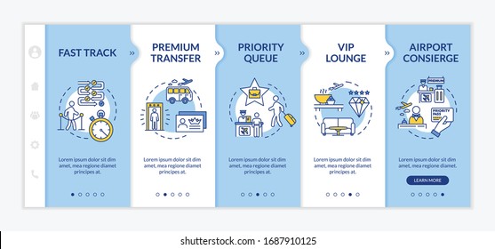 VIP travel onboarding vector template. Premium airline company responsive mobile website with icons. First class travel, luxury tourism webpage walkthrough step screens. RGB color concept