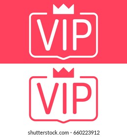 Vip or Very Important Person. Badge with crown icon. Flat vector illustration on white and red background.