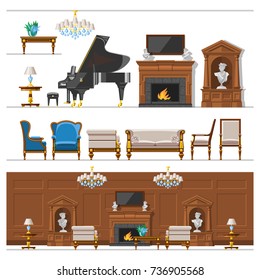 VIP Vintage Interior Furniture Rich Wealthy House Room With Sofa Set Brick Wall Background Vector Illustration.