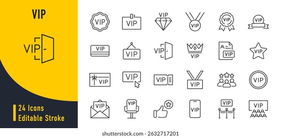 Ícones da Web do Vip em estilo de linha. Exclusivo, royalty, serviço, passe, escolher, diamante, coleção. Ilustração vetorial.