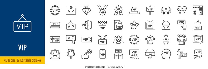 Vip web icons in line style. Exclusive, royalty, service, pass, choose, diamond, collection. Vector illustration.
