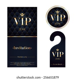 VIP zone members premium invitation card, warning hanger and round label badge. Black and golden design template set. Quilted texture, diamonds and metal.