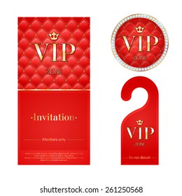 VIP zone members premium invitation card, warning hanger and round label badge. Red and golden design template set. Quilted texture, diamonds and metal.