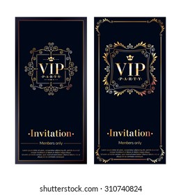 Tarjetas de invitación premium para miembros de la zona VIP. Conjunto de plantillas de diseño en blanco y negro. Diseño de viñetas clásicas retro floridas.