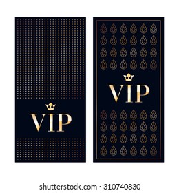 VIP zone members premium invitation cards. Black and golden design template set. Dots and gemstones decorative patterns.