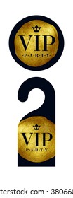 VIP zone members premium warning hanger and round label badge with golden paint brush stroke. Black and golden design template set. Hand painted texture.
