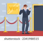 Vip zone security staff concept. Man in suit and sunglasses with walkie talkie in his hands stands on red carpet. Safety and protection of celebrities. Cartoon flat vector illustration