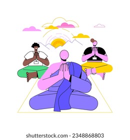 La meditación de Vipassana aisló ilustraciones de vectores de dibujos animados. La gente hace meditación budista, estilo de vida Vipassana, vacaciones felices, vacaciones de bienestar, concepto de bienestar tour vector cartoon.