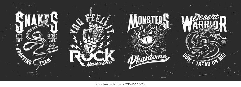 Viper, dragon and skeleton hand for tattoo, t-shirt print, sport club mascot, vector emblems. T shirt prints with snake or dragon monster for rock music or sport with slogans on grunge black