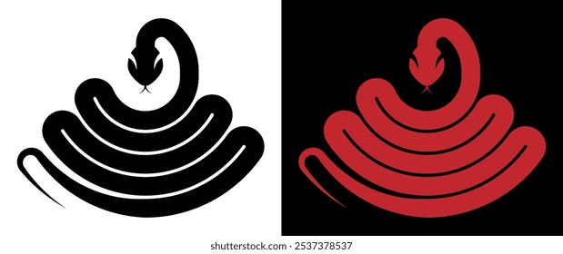 Viper silhouette emblem of coiled snake. Aggressive rattlesnake ready to pounce. Simple minimalistic vector isolated on white and black background