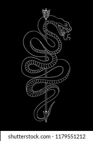 Viper snake with arrow. Hand drawn vector illustration. Graphic sketch for tattoo, poster, clothes, t-shirt design, pins, stickers and coloring book