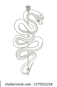 Viper snake with arrow. Hand drawn vector illustration. Graphic sketch for tattoo, poster, clothes, t-shirt design, pins, stickers and coloring book