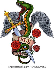 Viper snake. Colorful Tattoo design. snake with wings