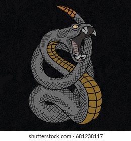 Viper snake. Colorful vector illustration in ink technique on black grunge background, good for poster, sticker, tee shirt design.