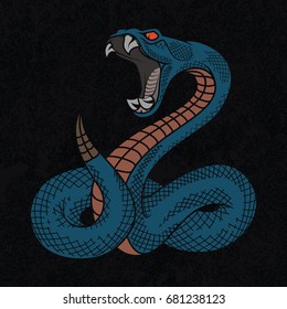 Viper snake. Colorful vector illustration in ink technique on black grunge background, good for poster, sticker, tee shirt design.