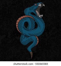 Viper snake. Hand drawn vector illustration in ink technique on grunge background, good for poster, sticker, tee shirt design.