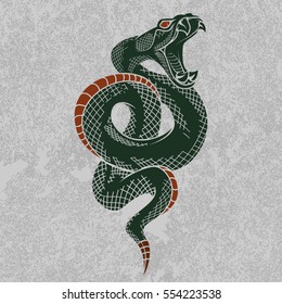 Viper snake. Hand drawn vector illustration in ink technique on grunge background, good for poster, sticker, tee shirt design.