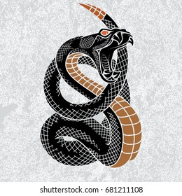 Viper snake. Hand drawn vector illustration in ink technique on grunge background, good for poster, sticker, tee shirt design.