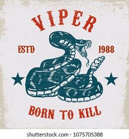 Viper snake illustration on grunge background. Design element for poster, card, t shirt, emblem. Vector illustration