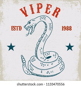 Viper snake illustration on grunge background. Design element for poster, card, t shirt, emblem. Vector image