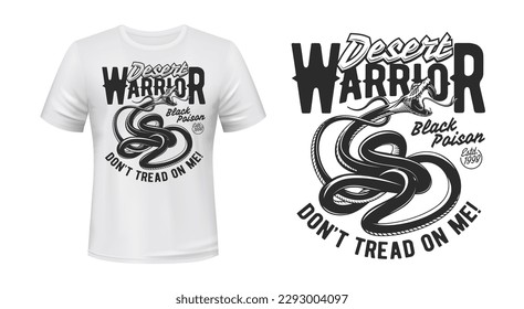 Viper snake. Mascot t-shirt print. Clothes custom design print with desert poisonous snake or deadly venom cobra. Apparel vector mockup or t-shirt emblem template with venomous serpent, scary viper