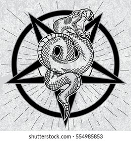 Viper snake in pentagram. Hand drawn vector illustration in outline technique with star rays, pentagram and grunge background. Satanic symbol, good for poster, sticker, tee shirt design.