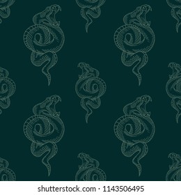 Viper snake seamless pattern. Vector illustrations in engraving outline technique.