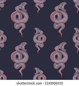Viper snake seamless pattern. Vector illustrations in engraving ink technique.  