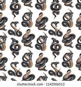 Viper snake seamless pattern. Vector illustrations in engraving ink technique.