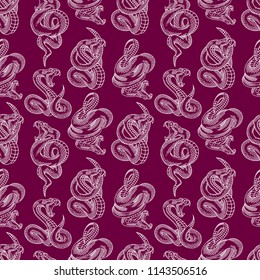 Viper snake seamless pattern. Vector illustrations in engraving outline technique.