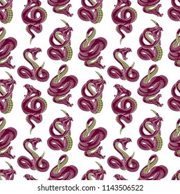 Viper snake seamless pattern. Vector illustrations in engraving ink technique.