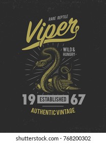 Viper snake. serpent cobra and python, anaconda or viper, royal. engraved hand drawn in old sketch, vintage style for sticker and tattoo. ophidian and asp. print for t-shirt.