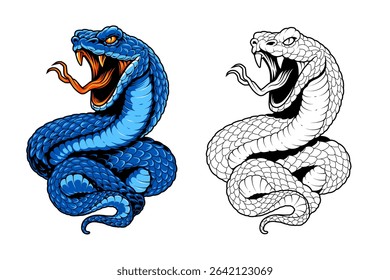 Viper snake vector mascot isolated on white. Coiled up snake with open mouth and fierce look. Aggressive and dynamic tattoo style art. Coloured and monochrome outlined options. Vector EPS10.