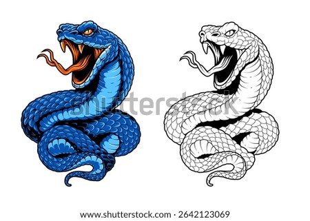 Viper snake vector mascot isolated on white. Coiled up snake with open mouth and fierce look. Aggressive and dynamic tattoo style art. Coloured and monochrome outlined options. Vector EPS10.