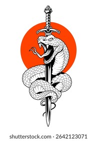 Viper snake wrapping around a medieval sword. Red sun behind. Line art tattoo graphics. Vector EPS10.