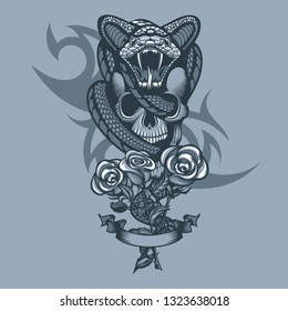 Viper wrapped skull and three roses in front. Monochrome tattoo style.