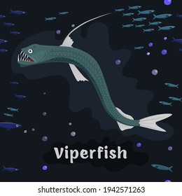 Viperfish. Sea animals. Marine fish in the genus Chauliodus. Frightful creature.. Save the ocean concept. Editable vector illustration in dark colors. Colorful cartoon flat style.