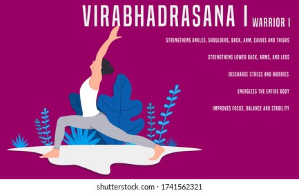 Virabhadrasana 1 or Warrior 1 Pose. Yoga Fitness Concept. Illustration Of Woman doing yoga. 