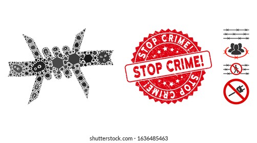 Viral collage barbed wire icon and round rubber stamp watermark with Stop Crime! caption. Mosaic vector is designed with barbed wire icon and with random viral elements.