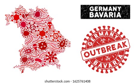 Viral collage Bavaria Land map and red distressed stamp seal with OUTBREAK badge. Bavaria Land map collage constructed with scattered microbe cell items.
