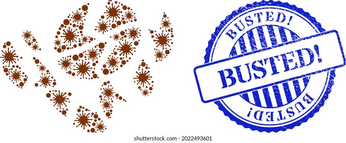 Viral collage coffee bean destruction icon, and grunge BUSTED Exclamation stamp. Coffee bean destruction collage for pandemic images, and unclean round blue seal. Vector collage is composed of random