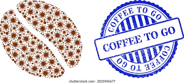 Viral collage coffee bean icon, and grunge COFFEE TO GO seal stamp. Coffee bean collage for isolation templates, and dirty round blue stamp seal.