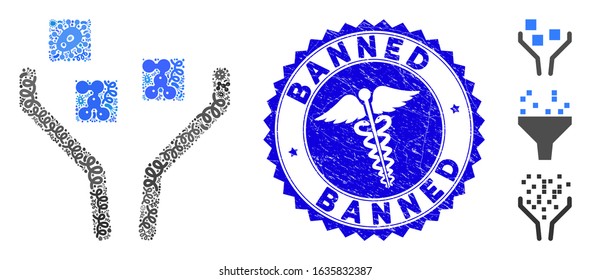 Viral collage data filtering icon and rounded rubber stamp seal with Banned text and caduceus icon. Mosaic vector is created with data filtering icon and with random bacillus symbols.