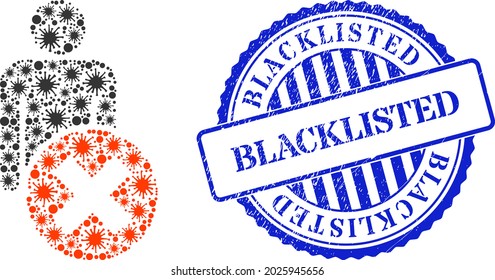 Viral collage delete man icon, and grunge BLACKLISTED seal stamp. Delete man mosaic for epidemic images, and rubber round blue stamp seal. Vector mosaic is designed of random Covid-2019 icons.