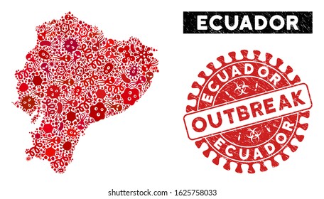 Viral collage Ecuador map and red corroded stamp seal with OUTBREAK text. Ecuador map collage constructed with random microbe symbols. Red round OUTBREAK seal stamp with grunge texture.